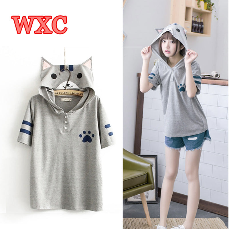 Harajuku Anime Neko Atsume Hooded T Shirt Mori Girls Cute Cat With Ears Printing Shirts Kawaii Cat Backyard Summer Tops Tee WXC