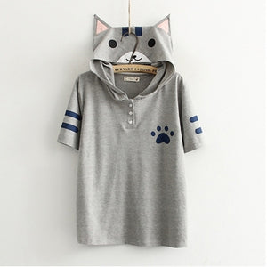 Harajuku Anime Neko Atsume Hooded T Shirt Mori Girls Cute Cat With Ears Printing Shirts Kawaii Cat Backyard Summer Tops Tee WXC