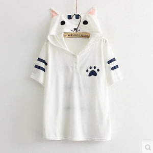 Harajuku Anime Neko Atsume Hooded T Shirt Mori Girls Cute Cat With Ears Printing Shirts Kawaii Cat Backyard Summer Tops Tee WXC