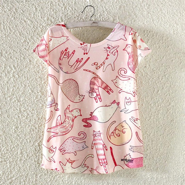 2017 MITTELMEER New kawaii t Shirt Women harajuk Crew Neck Top Short Sleeve Girl Cartoon cat T-Shirts Summer Tee For Ladies