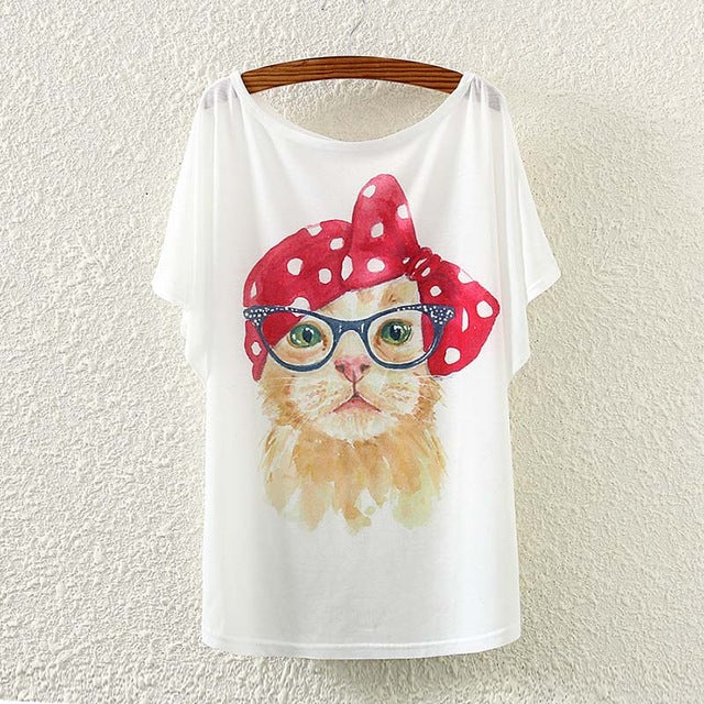 2017 Brand New Polyester T-Shirt Women Batwing Sleeve t-shirt o-neck Causal loose Bow Cat t shirt Summer tops for women