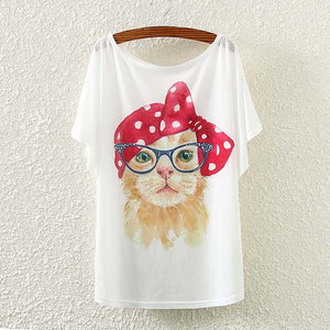 2017 Brand New Polyester T-Shirt Women Batwing Sleeve t-shirt o-neck Causal loose Bow Cat t shirt Summer tops for women