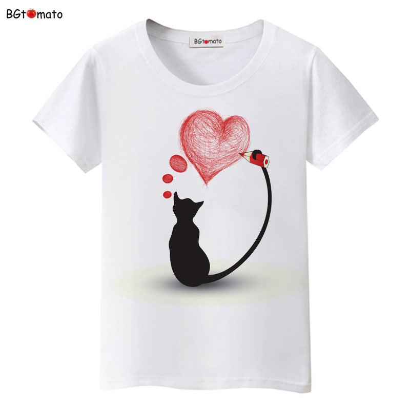 BGtomato Black cat pink love t-shirt women love story Literature and art shirts Good quality brand clothes casual tops