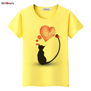 BGtomato Black cat pink love t-shirt women love story Literature and art shirts Good quality brand clothes casual tops