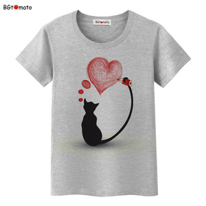 BGtomato Black cat pink love t-shirt women love story Literature and art shirts Good quality brand clothes casual tops