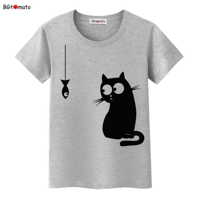 BGtomato Black cat pink love t-shirt women love story Literature and art shirts Good quality brand clothes casual tops