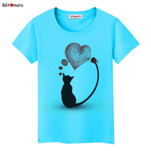 BGtomato Black cat pink love t-shirt women love story Literature and art shirts Good quality brand clothes casual tops