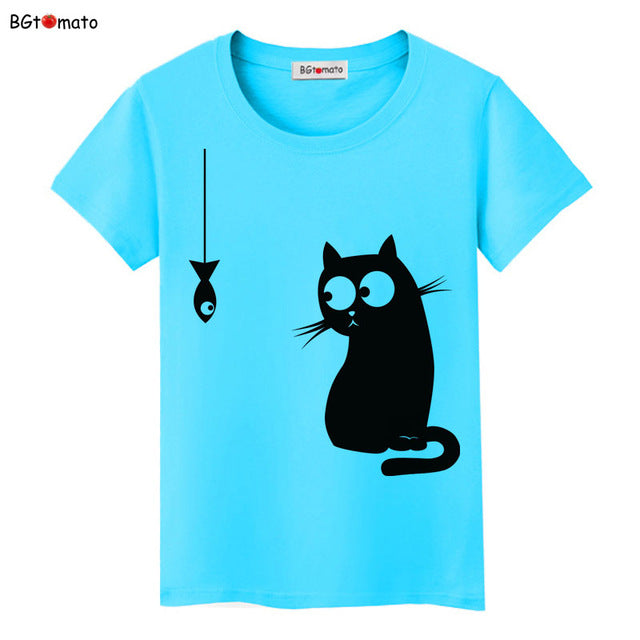BGtomato Black cat pink love t-shirt women love story Literature and art shirts Good quality brand clothes casual tops