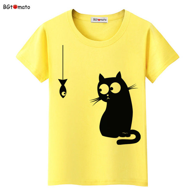 BGtomato Black cat pink love t-shirt women love story Literature and art shirts Good quality brand clothes casual tops