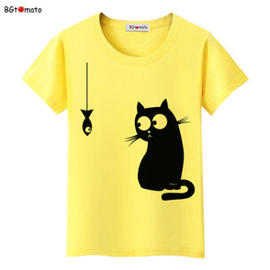 BGtomato Black cat pink love t-shirt women love story Literature and art shirts Good quality brand clothes casual tops