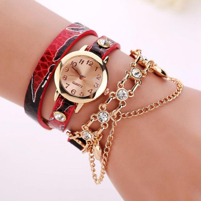 Woman Leather Rhinestone Rivet Chain Quartz Bracelet Wristwatch Watch Luxury Brand Stainless Steel