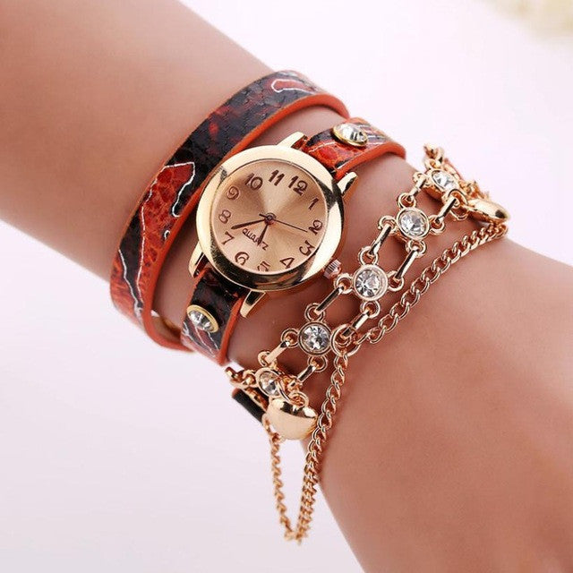 Woman Leather Rhinestone Rivet Chain Quartz Bracelet Wristwatch Watch Luxury Brand Stainless Steel