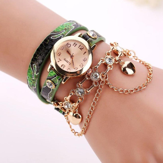 Woman Leather Rhinestone Rivet Chain Quartz Bracelet Wristwatch Watch Luxury Brand Stainless Steel