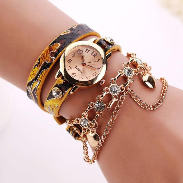 Woman Leather Rhinestone Rivet Chain Quartz Bracelet Wristwatch Watch Luxury Brand Stainless Steel