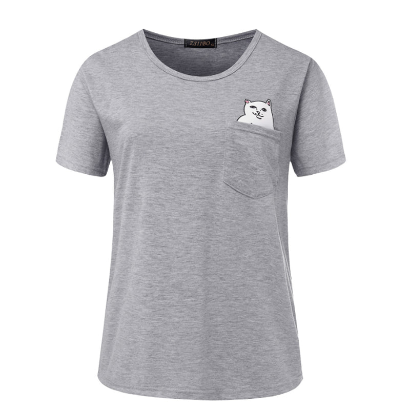 Women T Shirt 2017 Summer Style T-shirt Print Middle Finger Pocket Cat Harajuku O-neck Short Sleeve Cotton Couple Tee Plus Size