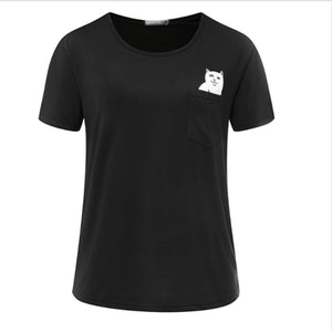 Women T Shirt 2017 Summer Style T-shirt Print Middle Finger Pocket Cat Harajuku O-neck Short Sleeve Cotton Couple Tee Plus Size