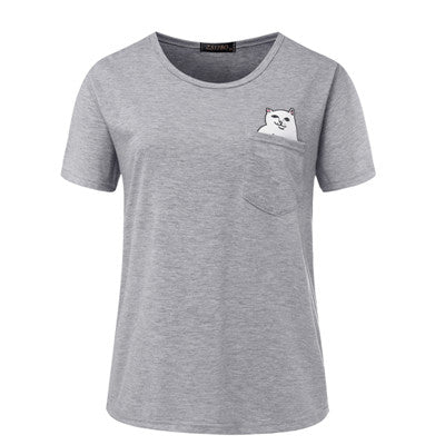 Women T Shirt 2017 Summer Style T-shirt Print Middle Finger Pocket Cat Harajuku O-neck Short Sleeve Cotton Couple Tee Plus Size