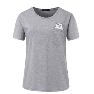 Women T Shirt 2017 Summer Style T-shirt Print Middle Finger Pocket Cat Harajuku O-neck Short Sleeve Cotton Couple Tee Plus Size