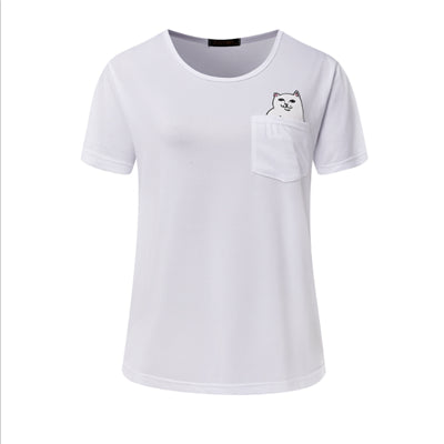 Women T Shirt 2017 Summer Style T-shirt Print Middle Finger Pocket Cat Harajuku O-neck Short Sleeve Cotton Couple Tee Plus Size