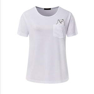 Women T Shirt 2017 Summer Style T-shirt Print Middle Finger Pocket Cat Harajuku O-neck Short Sleeve Cotton Couple Tee Plus Size