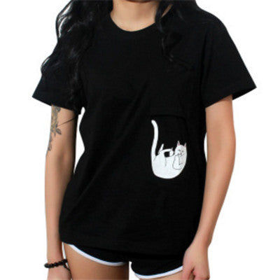Women T Shirt 2017 Summer Style T-shirt Print Middle Finger Pocket Cat Harajuku O-neck Short Sleeve Cotton Couple Tee Plus Size