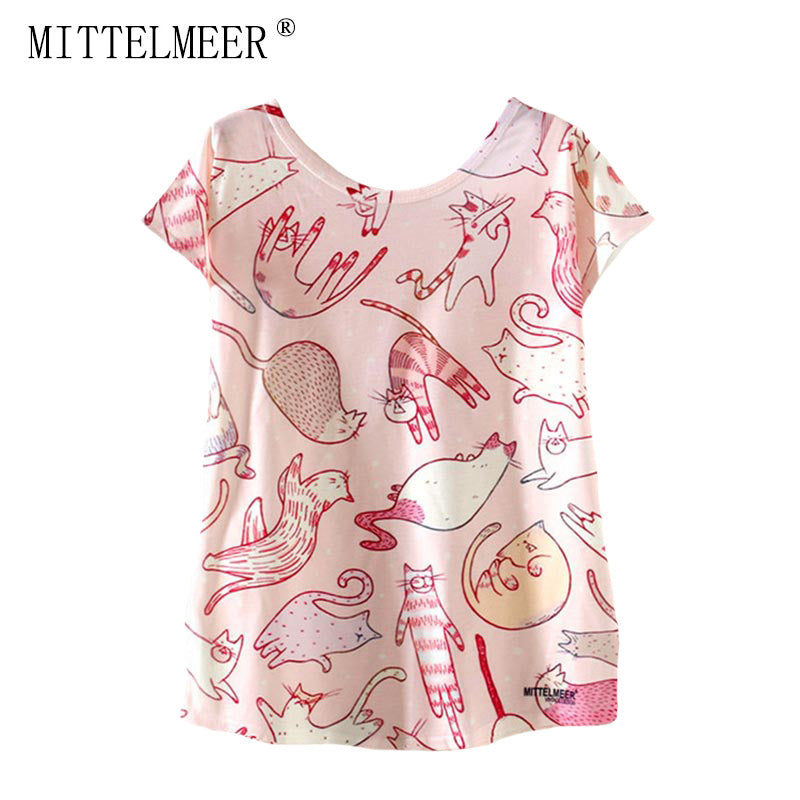 2017 MITTELMEER New kawaii t Shirt Women harajuk Crew Neck Top Short Sleeve Girl Cartoon cat T-Shirts Summer Tee For Ladies