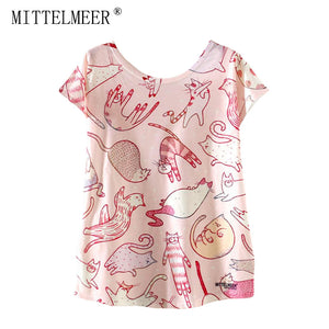 2017 MITTELMEER New kawaii t Shirt Women harajuk Crew Neck Top Short Sleeve Girl Cartoon cat T-Shirts Summer Tee For Ladies