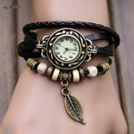 women wristwatches With Weave Wrap quartz watch PU Leather Leaf Beads