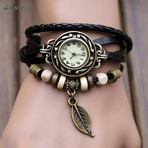 women wristwatches With Weave Wrap quartz watch PU Leather Leaf Beads