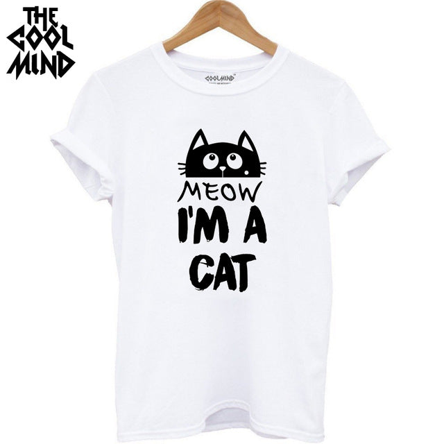 THE COOLMIND Top quality 100% Cotton Meow CAT Print Women T-shirt Short Sleeve harajuku Lovely Cat Tops wome's Tshirt