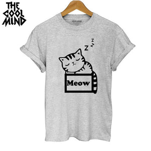 THE COOLMIND Top quality 100% Cotton Meow CAT Print Women T-shirt Short Sleeve harajuku Lovely Cat Tops wome's Tshirt