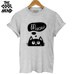 THE COOLMIND Top quality 100% Cotton Meow CAT Print Women T-shirt Short Sleeve harajuku Lovely Cat Tops wome's Tshirt