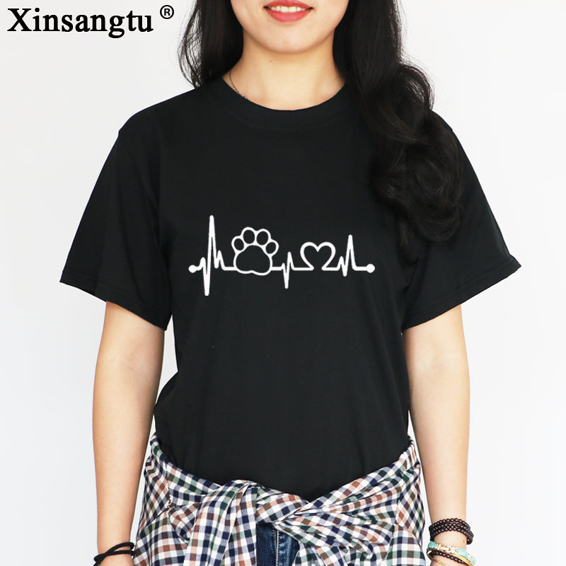Xinsangtu Paw Heartbeat Lifeline dog cat Women tshirt Cotton Casual Funny t shirt For Lady Girl Top Tee Hipster Tumblr Drop Ship