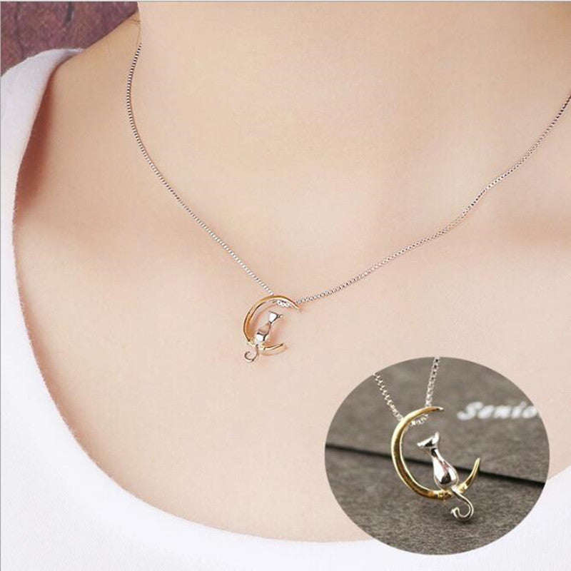 Animal 925 Sterling Silver Korean Fashion Jewelry Cute Cat Crescent Moon Female High-quality Personality Pendant Necklace  H192