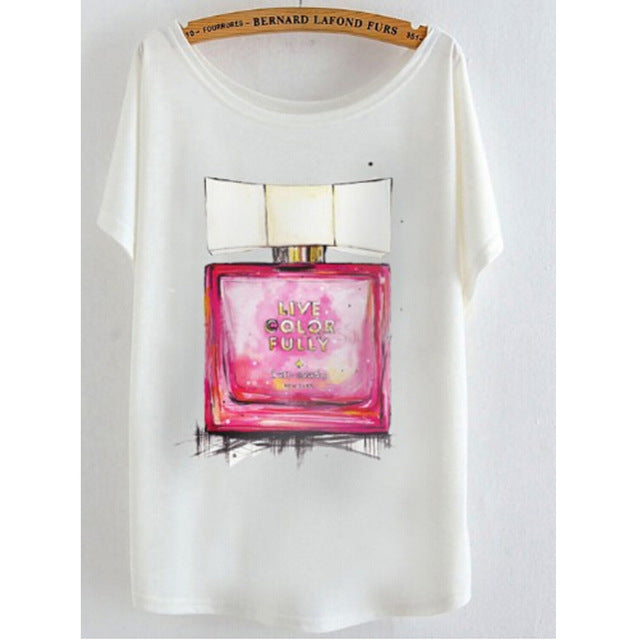 2017 newest batwing sleeve t shirt cotton t-shirt Women big size t shirt Cat/Rabbit/Perfume bottles