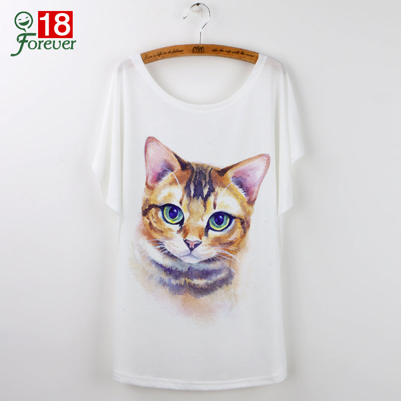 Harajuku Cute Cat T-Shirts Women T shirt 2018 Summer Ladies Tops White Animal Print Tees Batwing Sleeve O-neck Camisetas Mujer