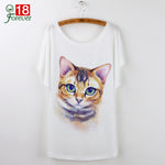 Harajuku Cute Cat T-Shirts Women T shirt 2018 Summer Ladies Tops White Animal Print Tees Batwing Sleeve O-neck Camisetas Mujer