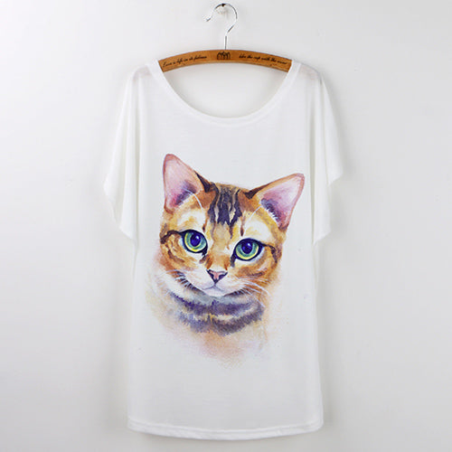 Harajuku Cute Cat T-Shirts Women T shirt 2018 Summer Ladies Tops White Animal Print Tees Batwing Sleeve O-neck Camisetas Mujer