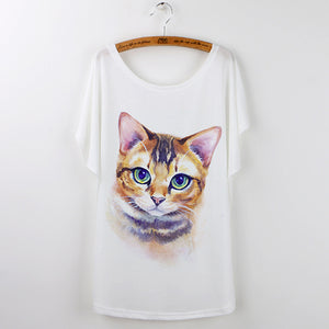 Harajuku Cute Cat T-Shirts Women T shirt 2018 Summer Ladies Tops White Animal Print Tees Batwing Sleeve O-neck Camisetas Mujer