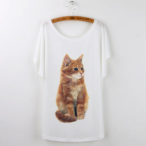 Harajuku Cute Cat T-Shirts Women T shirt 2018 Summer Ladies Tops White Animal Print Tees Batwing Sleeve O-neck Camisetas Mujer