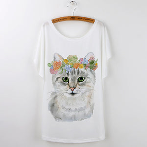 Harajuku Cute Cat T-Shirts Women T shirt 2018 Summer Ladies Tops White Animal Print Tees Batwing Sleeve O-neck Camisetas Mujer