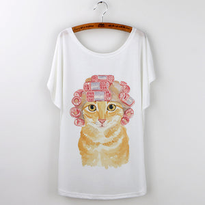 Harajuku Cute Cat T-Shirts Women T shirt 2018 Summer Ladies Tops White Animal Print Tees Batwing Sleeve O-neck Camisetas Mujer