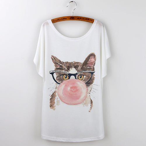 Harajuku Cute Cat T-Shirts Women T shirt 2018 Summer Ladies Tops White Animal Print Tees Batwing Sleeve O-neck Camisetas Mujer