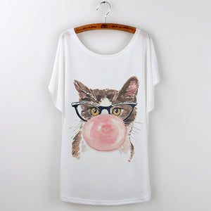 Harajuku Cute Cat T-Shirts Women T shirt 2018 Summer Ladies Tops White Animal Print Tees Batwing Sleeve O-neck Camisetas Mujer