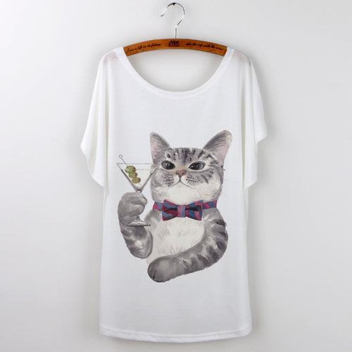 Harajuku Cute Cat T-Shirts Women T shirt 2018 Summer Ladies Tops White Animal Print Tees Batwing Sleeve O-neck Camisetas Mujer