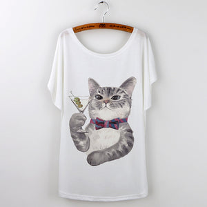 Harajuku Cute Cat T-Shirts Women T shirt 2018 Summer Ladies Tops White Animal Print Tees Batwing Sleeve O-neck Camisetas Mujer