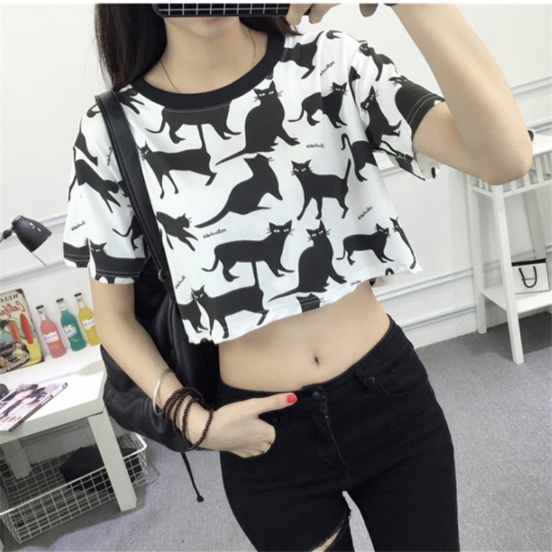 2018 Summer Harajuku Fashion Crop Top Students Cartoon Cat Printed Female T-shirt Casual Slim New Funny Tee Shirts White Pink XL