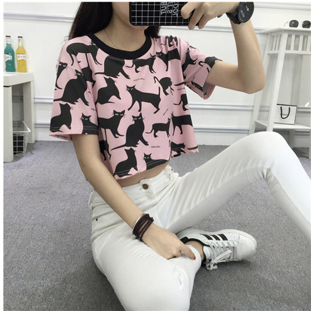 2018 Summer Harajuku Fashion Crop Top Students Cartoon Cat Printed Female T-shirt Casual Slim New Funny Tee Shirts White Pink XL