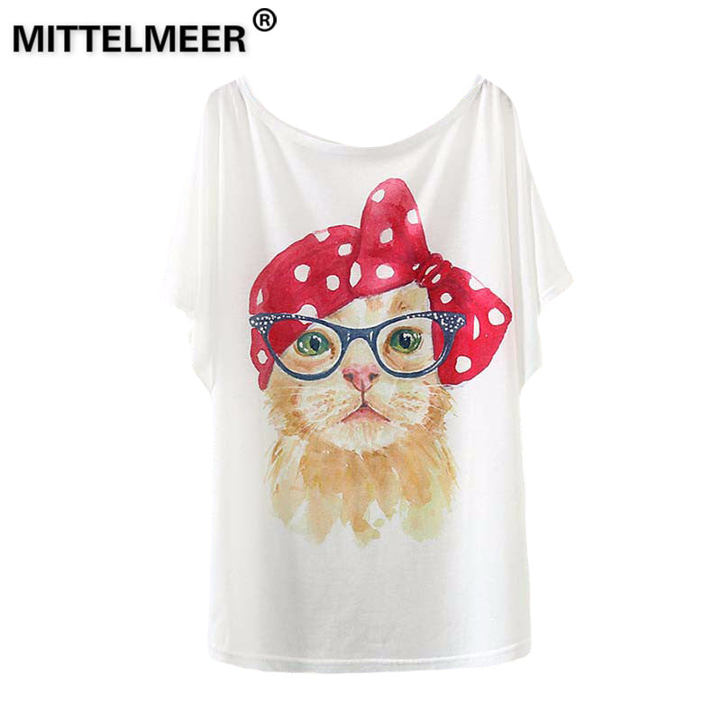 2017 Brand New Polyester T-Shirt Women Batwing Sleeve t-shirt o-neck Causal loose Bow Cat t shirt Summer tops for women