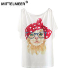 2017 Brand New Polyester T-Shirt Women Batwing Sleeve t-shirt o-neck Causal loose Bow Cat t shirt Summer tops for women